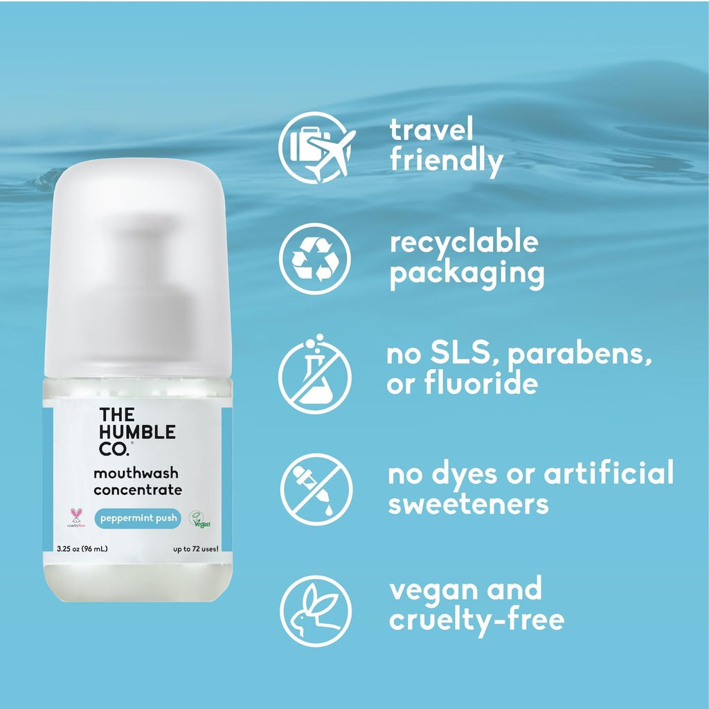 The Humble Co. Mouthwash Concentrate – Natural Mouthwash to Support Fresh Breath, Cavity Protection, Gum Health, and Helps Remove Plaque, Vegan & Cruelty-Free Oral Care, 2pk (Peppermint 3.25 oz)