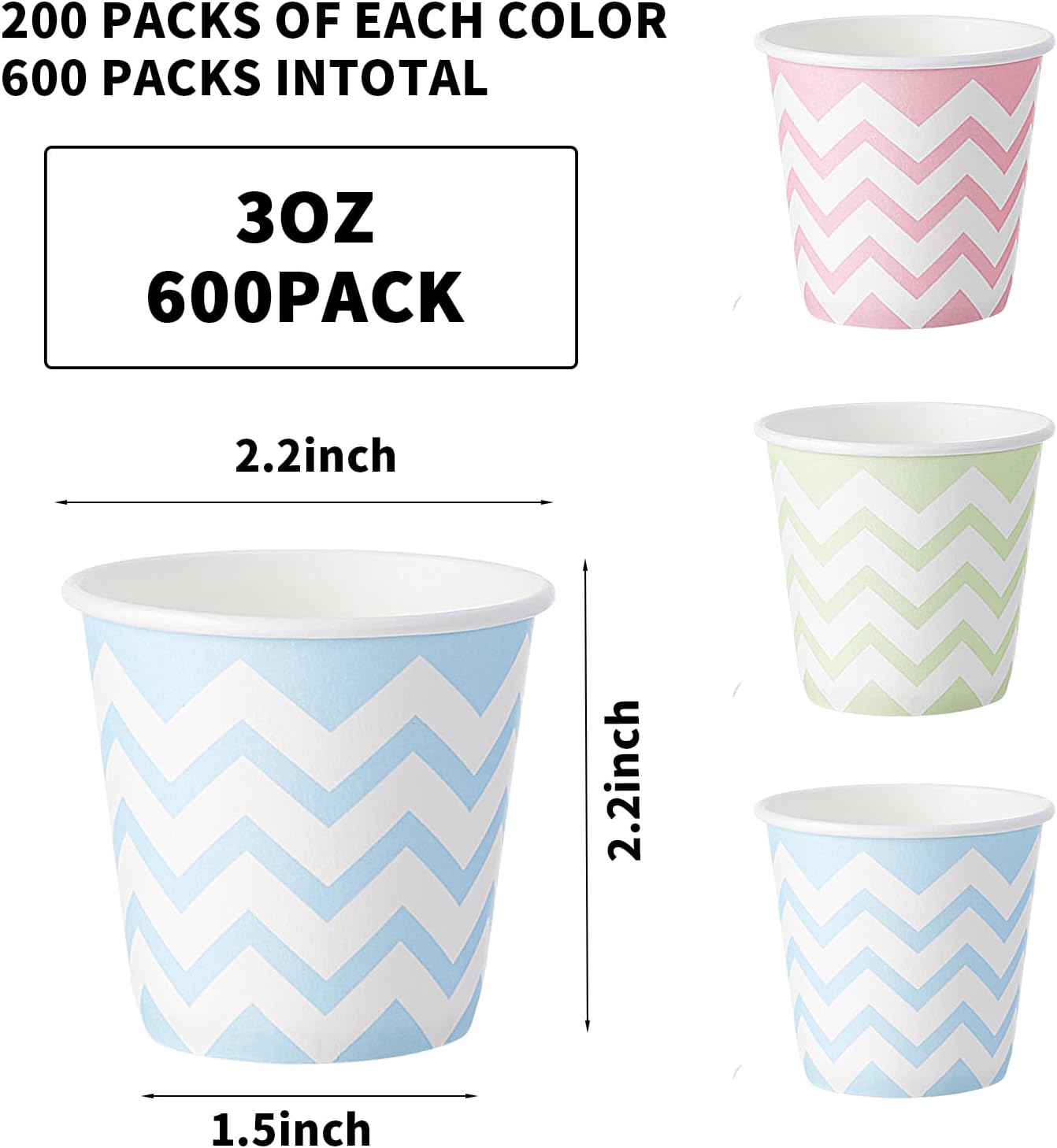 Tamone 600 Pack 3 oz Paper Cups - Small Bathroom Cups, Mini Wave Design Disposable Cups, Pink, Green, Blue - Mouthwash Cups for Valentine's, Picnic, BBQ, Travel, Home, Event