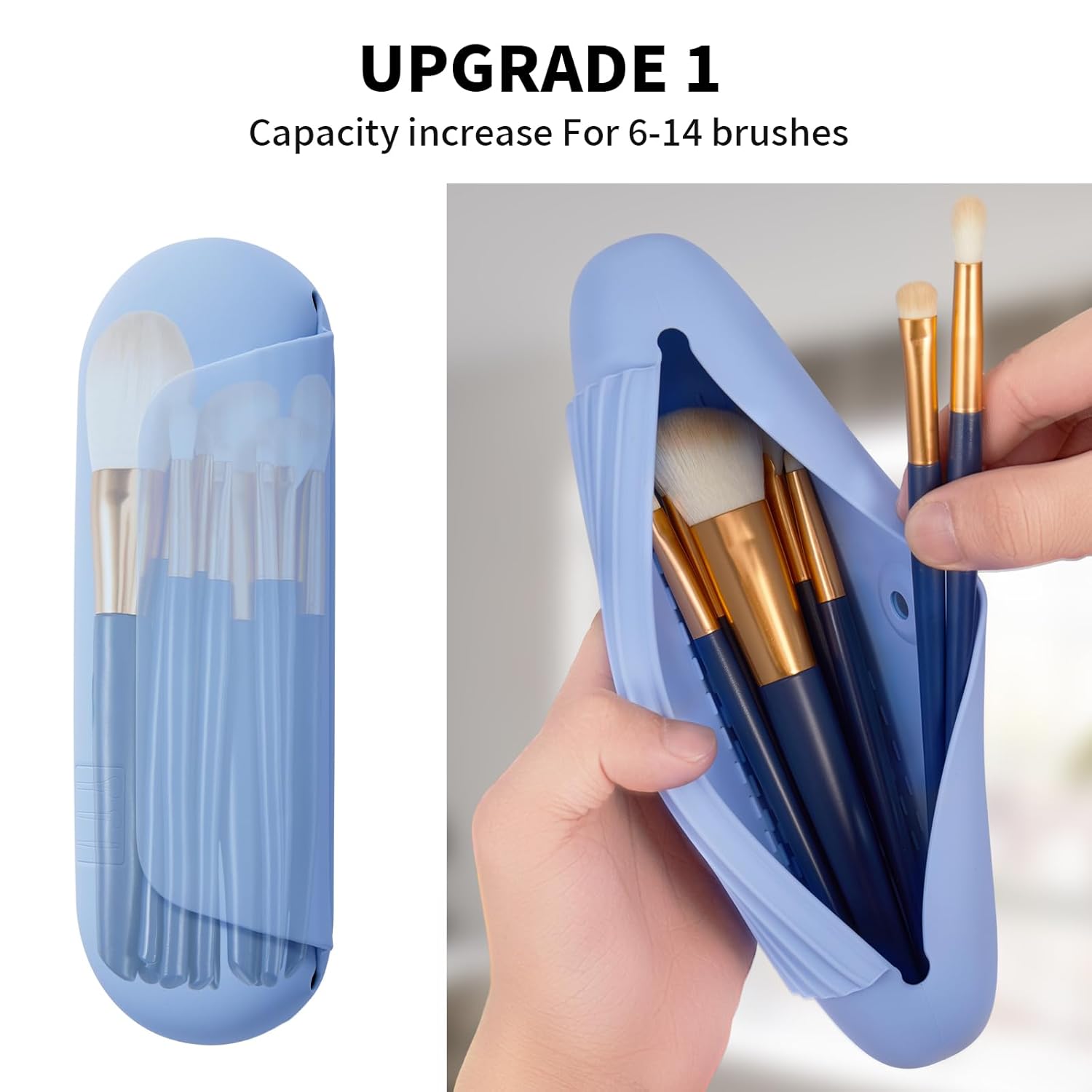 Silicone Makeup Brush Holder Travel Cosmetic Bag：Soft Portable Cosmetic Face Brushes Holder with Upgrade Anti-Fall Out Magnetic Closure, Large Travel Makeup Brush Case - Blue