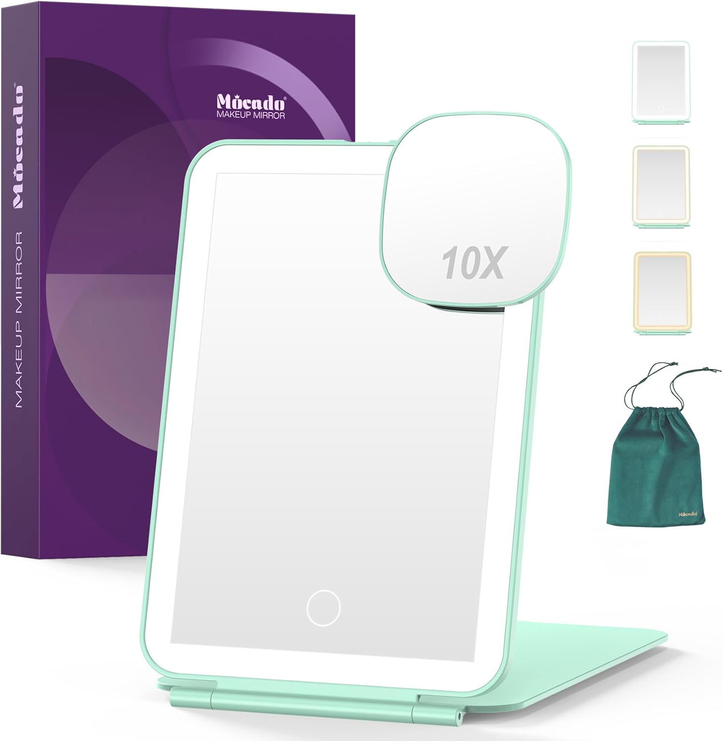Mocado LED Foldable Travel Makeup Mirror - 5x7 inches3 Colors Light Modes USB Rechargeable Touch Screen, Portable Tabletop Cosmetic Mirror for Travel, Cosmetic, Office (Green)