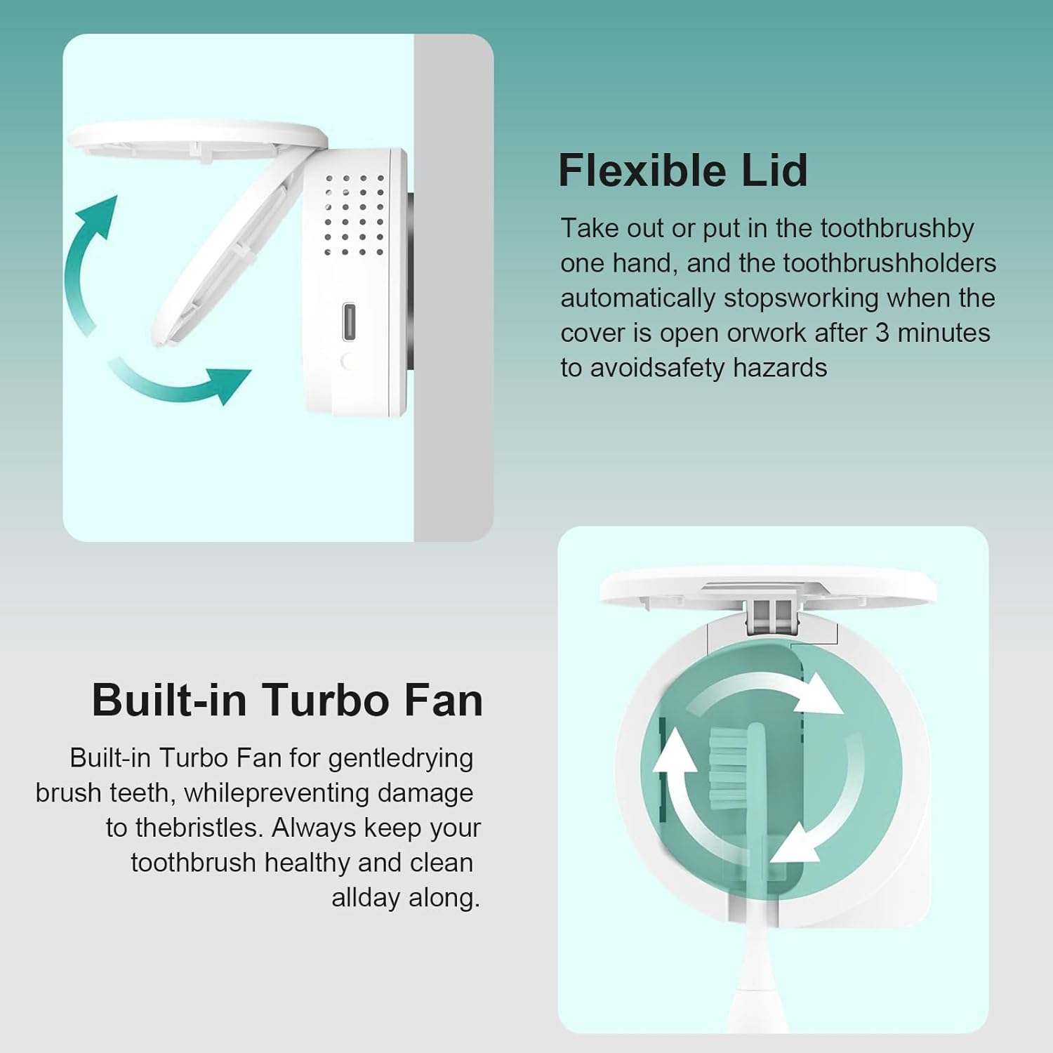 UV Toothbrush Sanitizer Holder, Toothbrush Sanitizer and Holder Cover Caps with Fan Drying, Rechargeable Portable Toothbrush Cleaner Case Fits Most Electric and Manual Toothbrushes