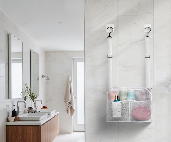 ALYER Mesh Shower Caddy, Bath Organizer with Adjustable Hanging Straps, Multipurpose Storage Bag for College,Camp,RV, Travel and Gym (White)