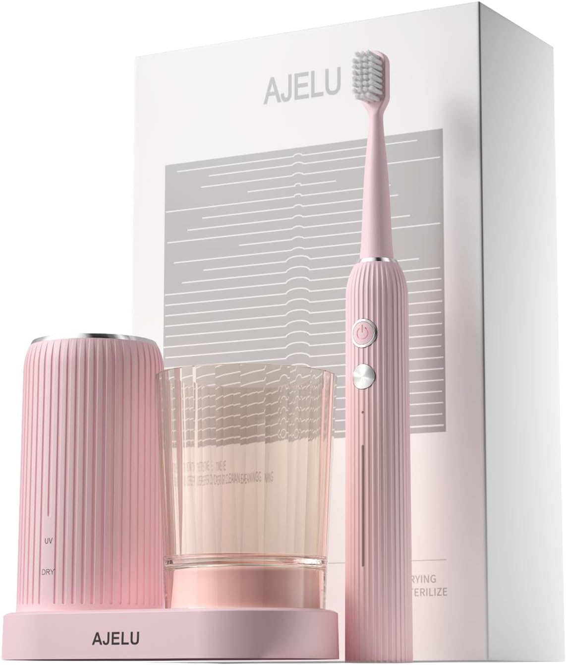 Electric Toothbrush Set for Women with UV Light Drying Holder, 8 Brush Heads, Smart Timer, USB Rechargeable – Soft Pink Edition