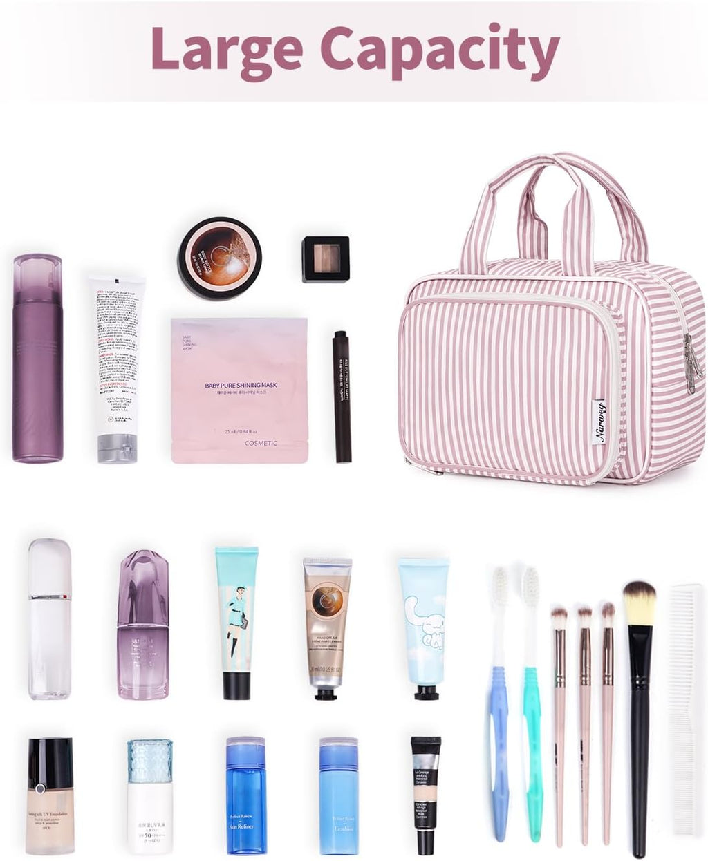 Narwey Large Travel Toiletry Bag for Traveling Women, Cosmetic Makeup Bag Make Up Organizer, Striped Travel Bag for Toiletries with Handle (Dusty Rose Stripe)
