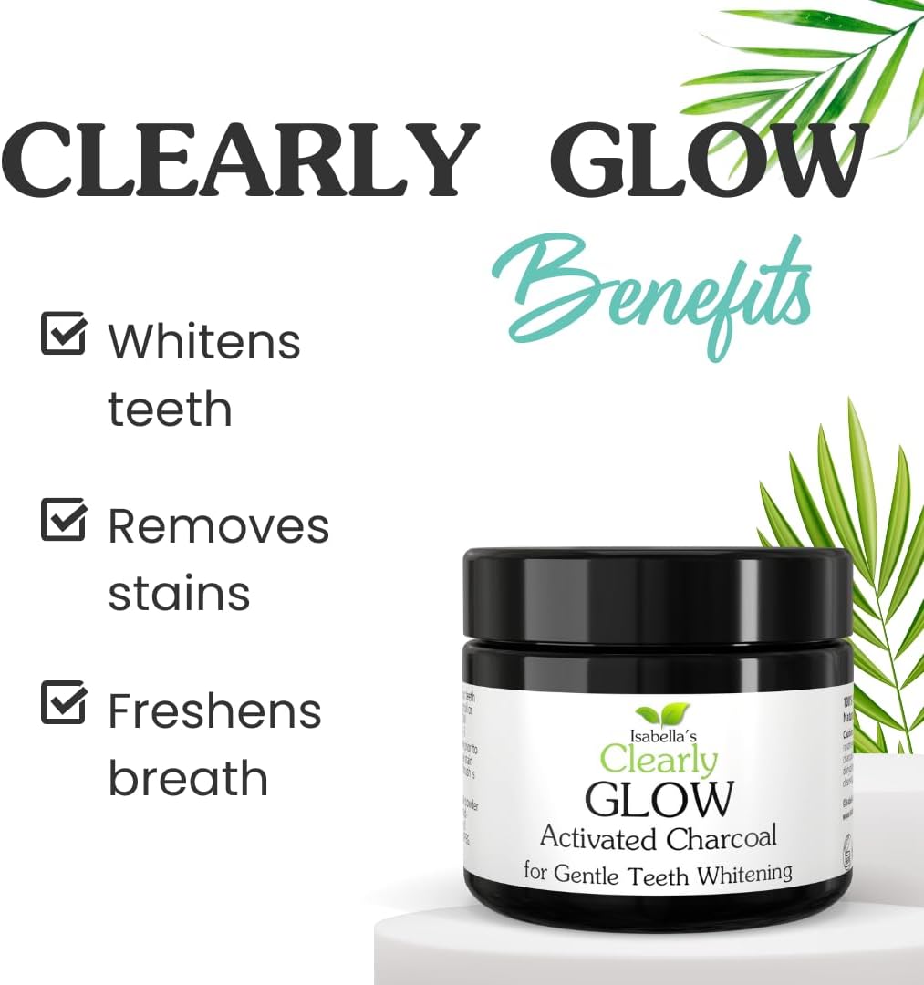 Glow Teeth Whitening Kit (4 Piece) | Pure Food Grade Activated Charcoal Powder + Bamboo Ultra Soft Toothbrush + Copper Tongue Cleaner + Eco Canvas Gift Bag