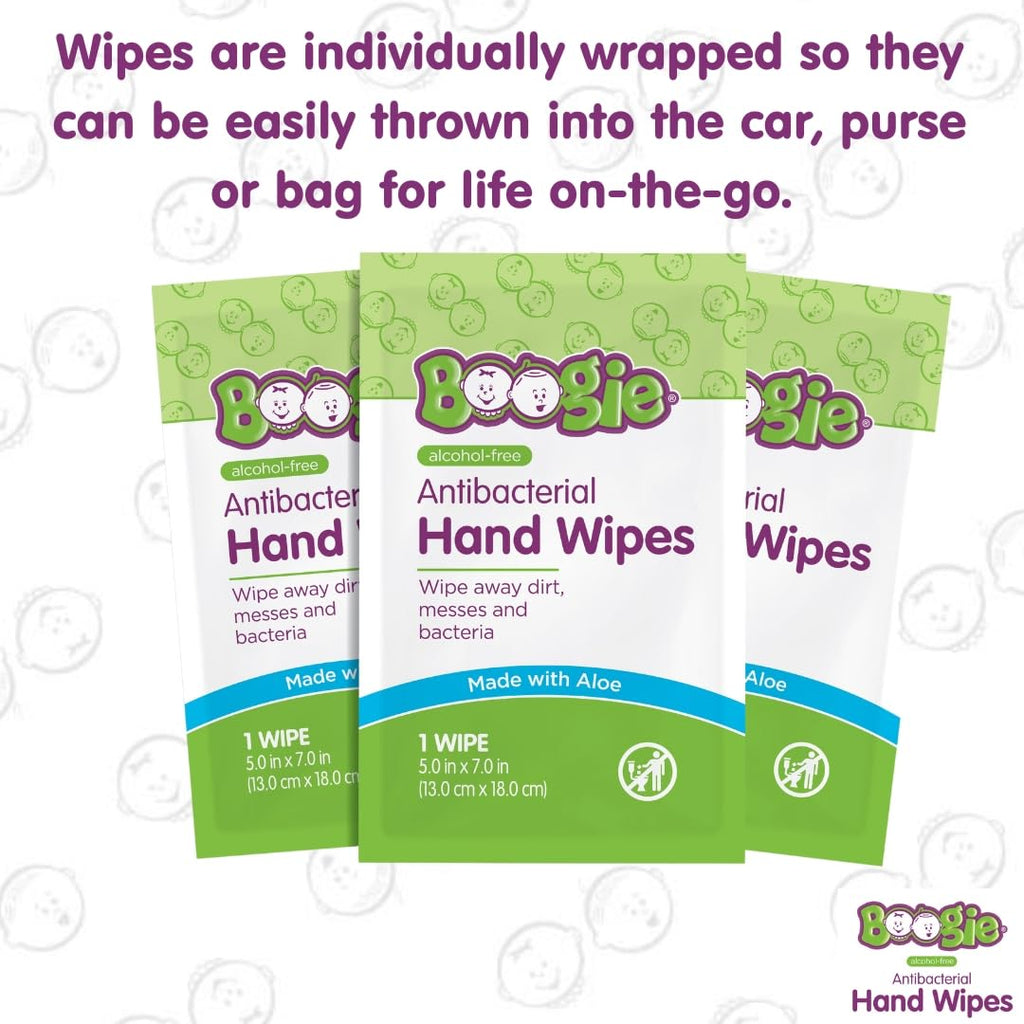 Antibacterial Hand Wipes by Boogie, Alcohol Free, Hypoallergenic and Moisturizing Aloe, Hand Wipes for Kids and Adults, Single Packs, 30 Wipes (Pack of 3)
