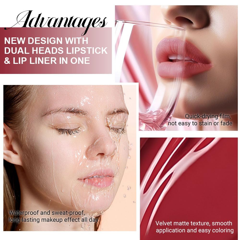 1Pcs 2 in 1 0xblood Red Matte Lip Liner and Liquid Lipstick Stain Makeup Set for women, Red Long Lasting Smudge Proof Lip Tint Matte Finish Lip Gloss for All-Day Color Hold Easy to Use 30#