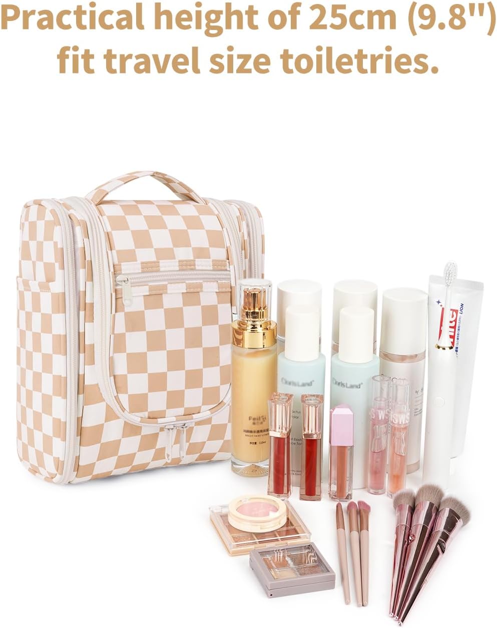 Narwey Small Checkered Hanging Travel Toiletry Bag for Women, Travel Bag for Toiletries, Makeup Bag Organizer Cosmetic Bags Make Up Bags for Women (Light Checkerboard)