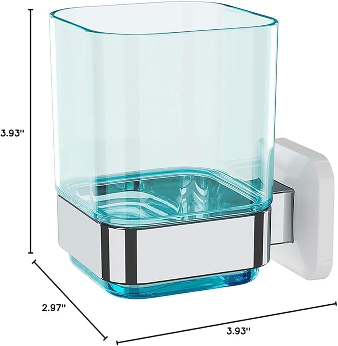 Wall-Mounted Tumbler and Toothbrush Holder, Wall Mounted Adhesive Hanging Electric Toothbrush Organizer Stand for Bathroom, No Drilling Required (Blue+Chrome, 3.93"X3.93"X2.97")