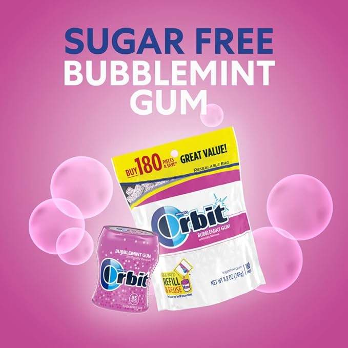 ORBIT Bubblemint Sugar-Free Chewing Gum Bulk Pack, 2 Bags - 180 Pieces & 2 Bottles - 55 Pieces Bubble Gum