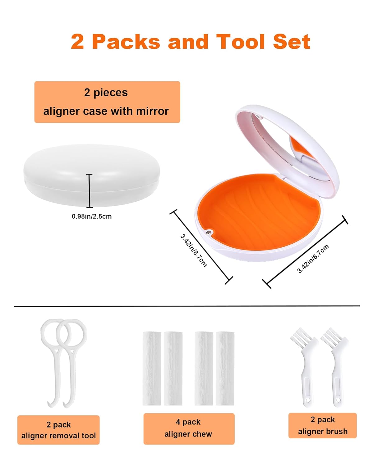 2 Pack Retainer Case with Mirror Kits, Aligner Case Compatible with Invisalign, Slim Night Guard Cases with Aligner Removal Tool, Brush and Chew, White