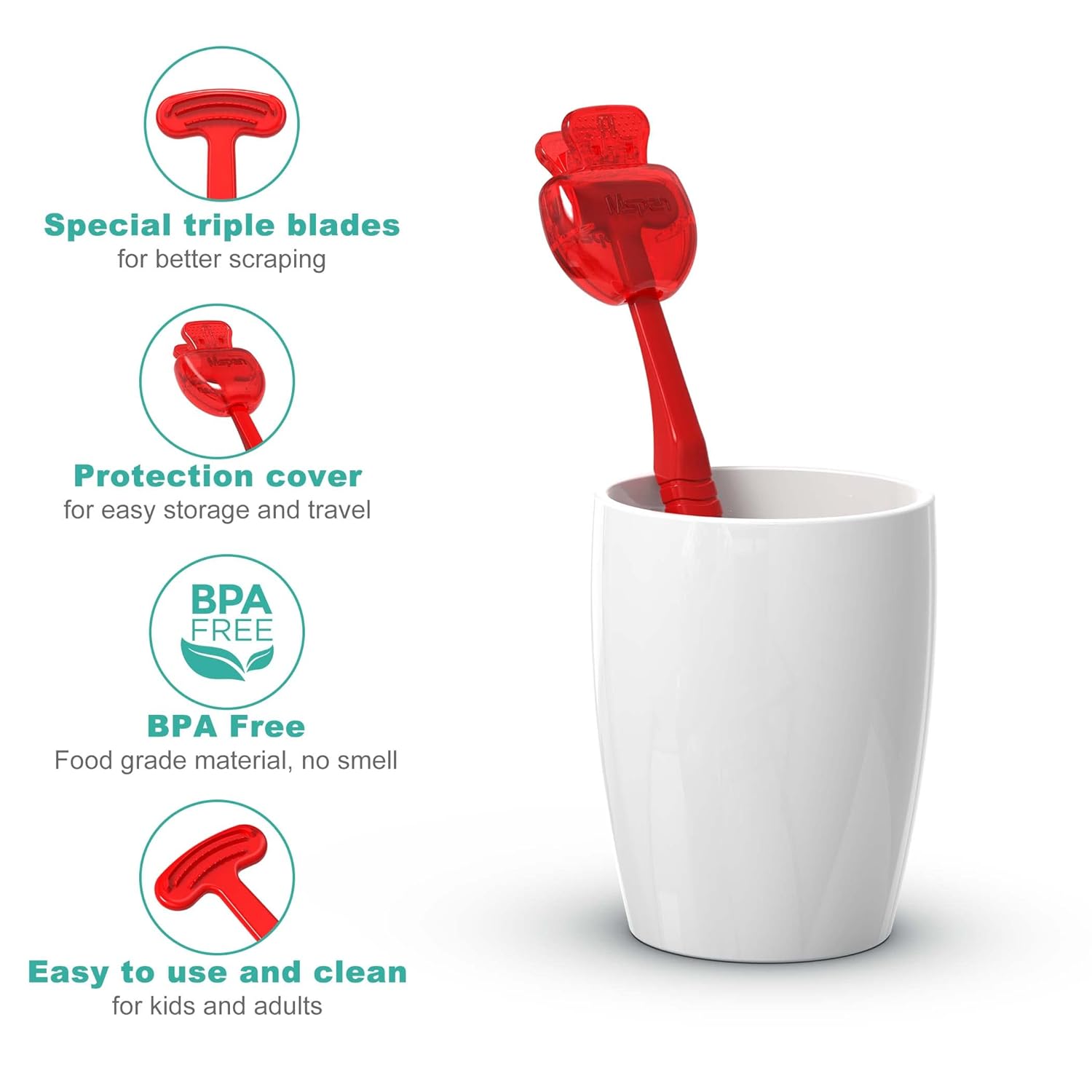 Mspan Tongue Scraper Cleaner for Adults: Tongue Brush Cleaning Scrubber with Plastic Travel Case Cap - Clean Bad Breath Dental Oral Care Red Purple 2 Pack