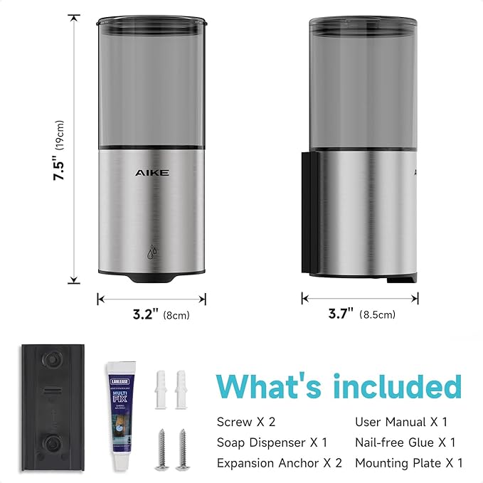 AIKE Automatic Wall Mount Liquid Soap Dispenser for Home and Commercial Bathroom 13.5oz IPX7 Waterproof,Brushed Stainless Steel