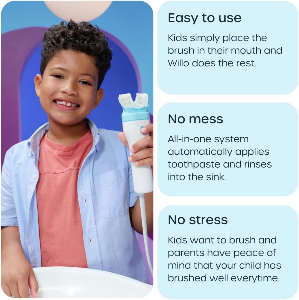 Willo Fully Automatic Kids U-Shaped Electric Toothbrush - 2 Brushing Timers, Deep-Cleans, Consistent Results, Eliminates Brushing Mistakes - Bubble Twist (Medium - Kids Ages 8-11 Years)