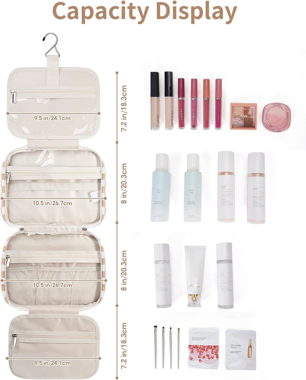 Narwey Hanging Toiletry Bag for Women Travel Makeup Bag Organizer Toiletries Bag for Travel Size Essentials Accessories Cosmetics (Light Checkerboard (Medium))