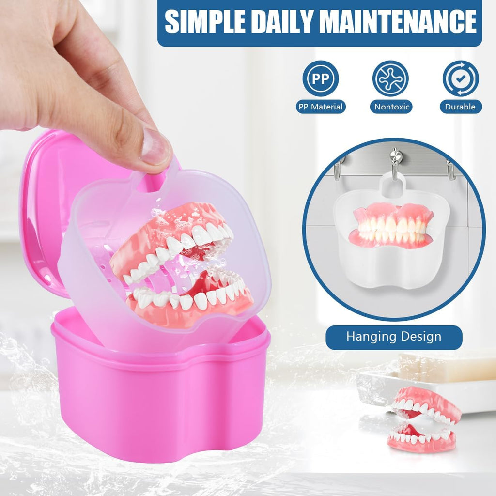 Pink Denture Bath Case Cup Box Holder Storage Soak Container with Strainer Basket for Travel Cleaning