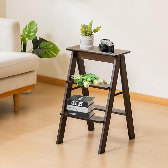Latifolia Foldable 3 Step Ladder, Bamboo Step Stool with Floor Saver, Decorative Ladder Shelf for Living Room, Kitchen, Garden(Dark Walnut)