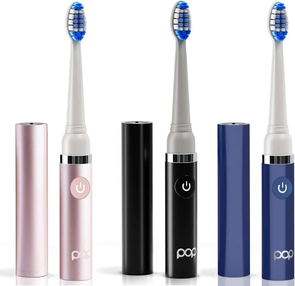 3-Pack Pop Sonic Electric Toothbrush (Rose + Navy Blue + Black) - Travel Toothbrushes w/AAA Battery | Kids Electric Toothbrushes with 2 Speed & 15,000-30,000 Strokes/Minute, Dupont Nylon Bristles