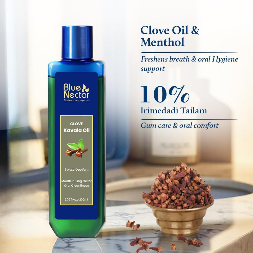 Blue Nectar Clove Oil Pulling for Mouth | Ayurvedic Mouth Wash for Oral Care | Natural Coconut Oil for Oral Care & Fresh Breath | Alcohol Free Mouthwash (9 Herbs, 6.76 Fl Oz)