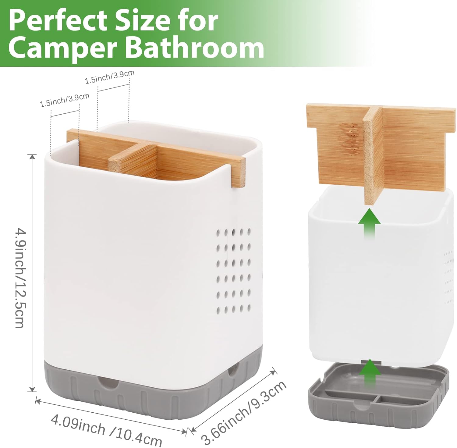 Boperzi Toothbrush and Toothpaste Holder with Bamboo Divider for Bathroom Countertop Organizer, Plastic Detachable Anti-Slip Large Electric Toothbrush Holders Storage Caddy Drainage for Family, Kids