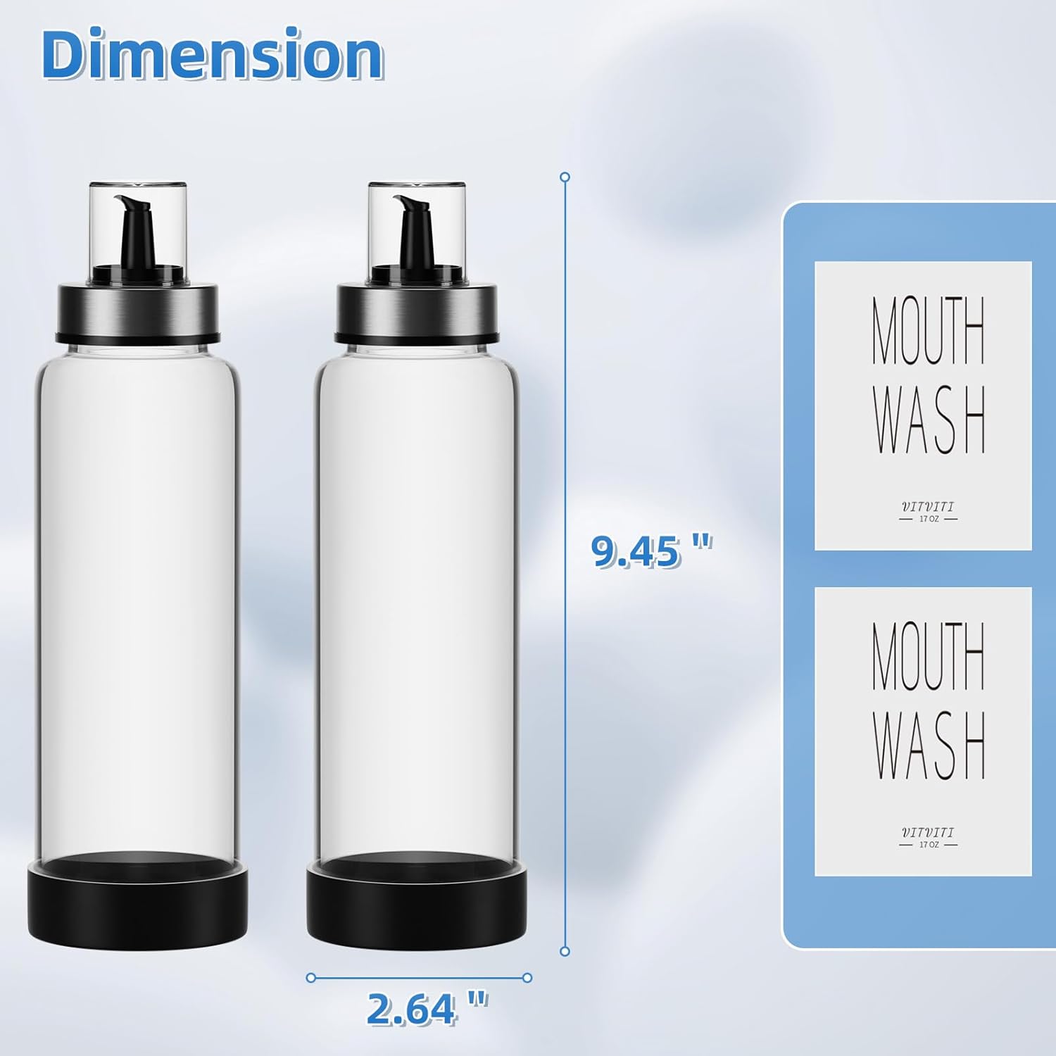 VITVITI Mouthwash Dispenser for Bathroom, Glass Mouth Wash Container with Cup Lid, 17OZ Clear Refillable Mouthwash Bottle Decanter with Silicone Pad/Labels, Set of 2