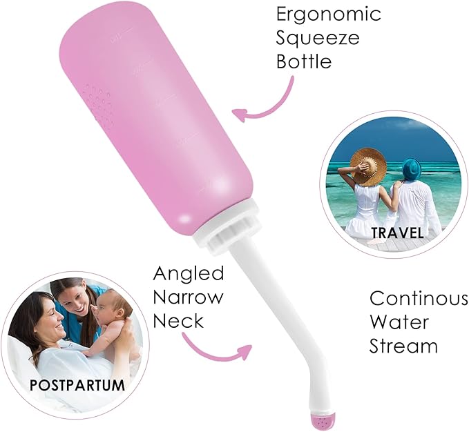 RUFCRIL Peri Bottle, Portable Travel Bidet with Bag, TPE Material Can Be Boiled, 17oz/500ml with 2 Sealing Rings,Essentials for Postpartum Perineal Care,Hemorrhoid Treatment,and Baby(Pink)