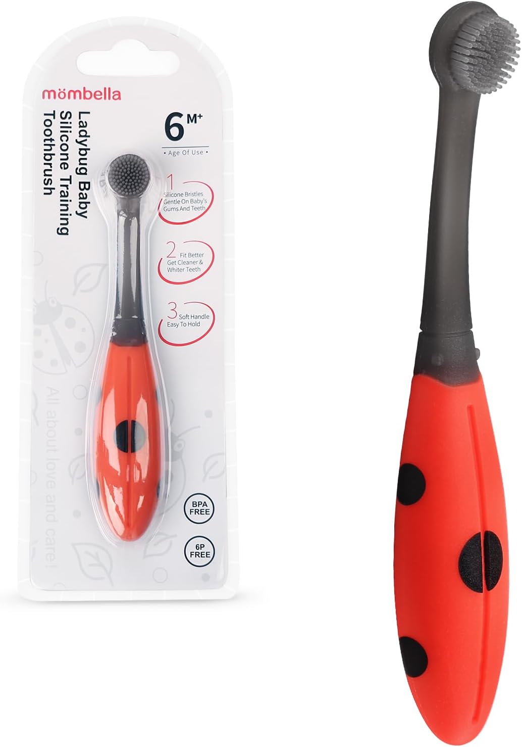 Mombella Ladybug Baby Toothbrush 6 to 12 Months and Up, Extra Soft Silicone Infant to Toddler Training Toothbrush for Baby's First Teeth, Oral Care Teether Over 6m+, Clean and Massage Tender Gums 1pc