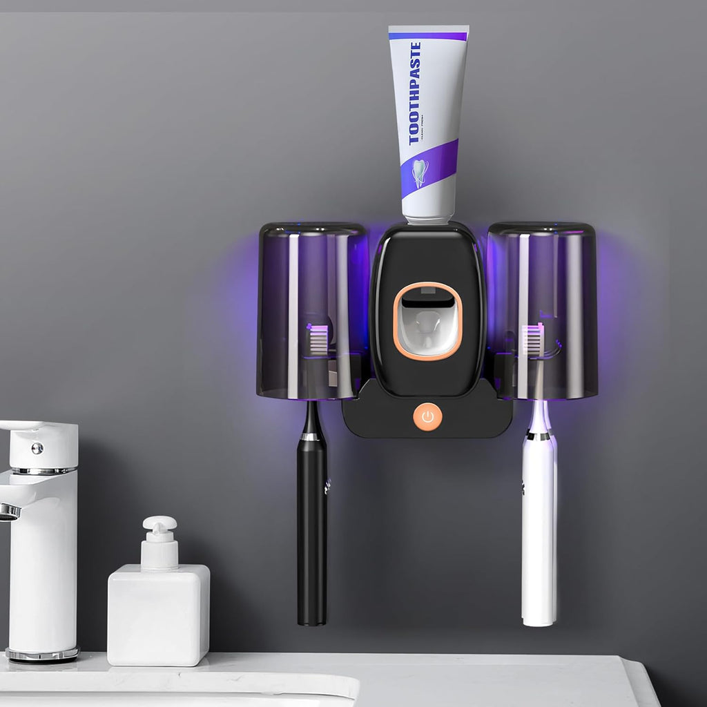 3 in 1 Toothbrush Cleaner Holders,Rechargeable Wall Mounted Toothbrush Holder Toothpaste Dispenser Automatic 2 Cups Tooth Brush Holder for Bathroom, No Drilling, 4 Slots (Black)