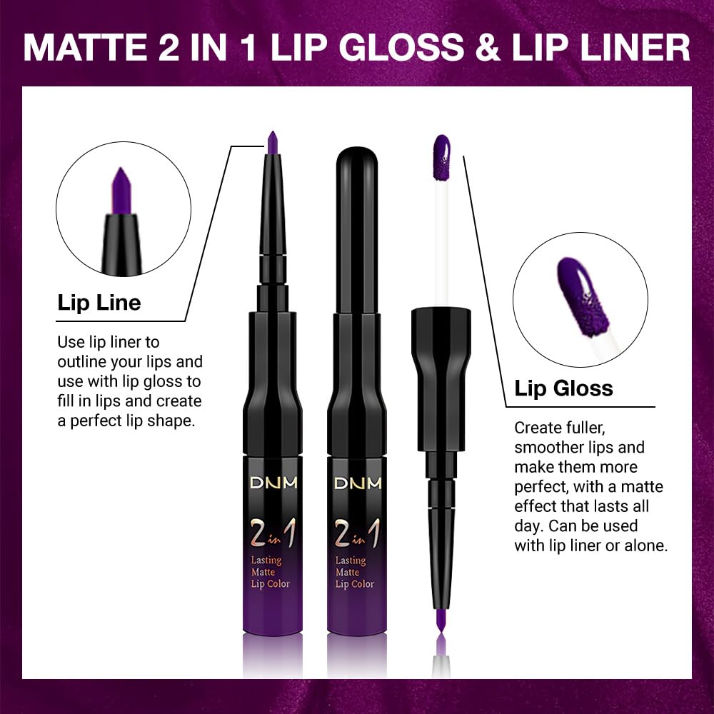 1Pcs 2 in 1 Purple Matte Lip Liner and Liquid Lipstick Stain Makeup Set for women, Purple Long Lasting Smudge Proof Lip Tint Matte Finish Lip Gloss for All-Day Color Hold Easy to Use 52#