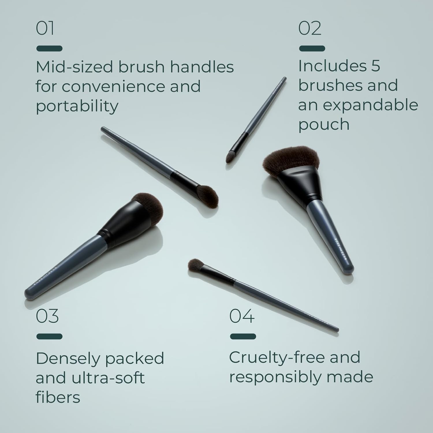 Rose and Ben Beauty Essential Travel 5 Piece Brush Set | Professional Blending Brush for Liquid & Cream Makeup | Cruelty Free