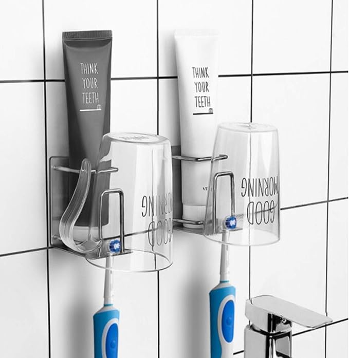Stainless Steel Adhesive Wall Mounted Toothbrush Holder, 3 in 1 Organizer for Toothbrush, Toothpaste, and Cup (Silver (2 Pack))