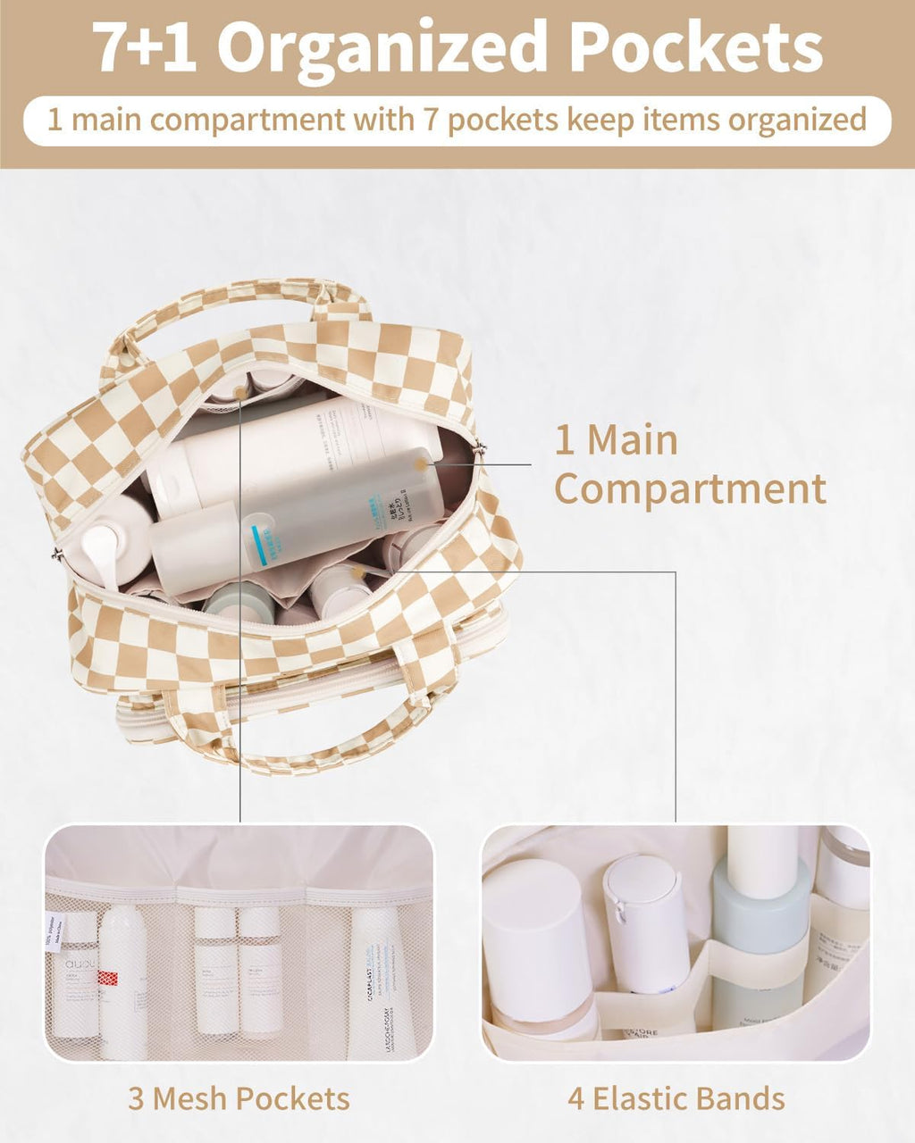 Narwey Large Travel Toiletry Bag for Traveling Women, Cosmetic Makeup Bag Make Up Organizer, Checkered Travel Bag for Toiletries with Handle (Light Checkerboard)