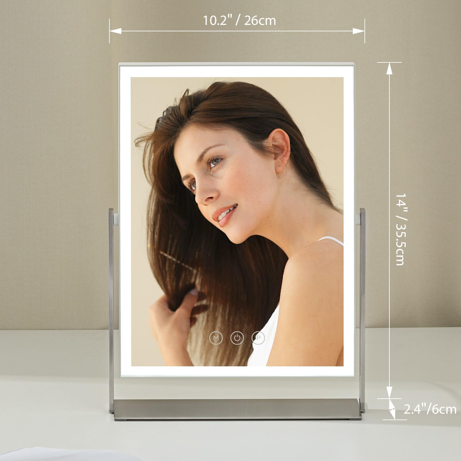 Rechargeable Vanity Mirror with Lights, Table Mirror with Stand, Makeup Mirror with 3 Colors and Brightness Adjustable, 3000mAh Battery, 14×10 Inch