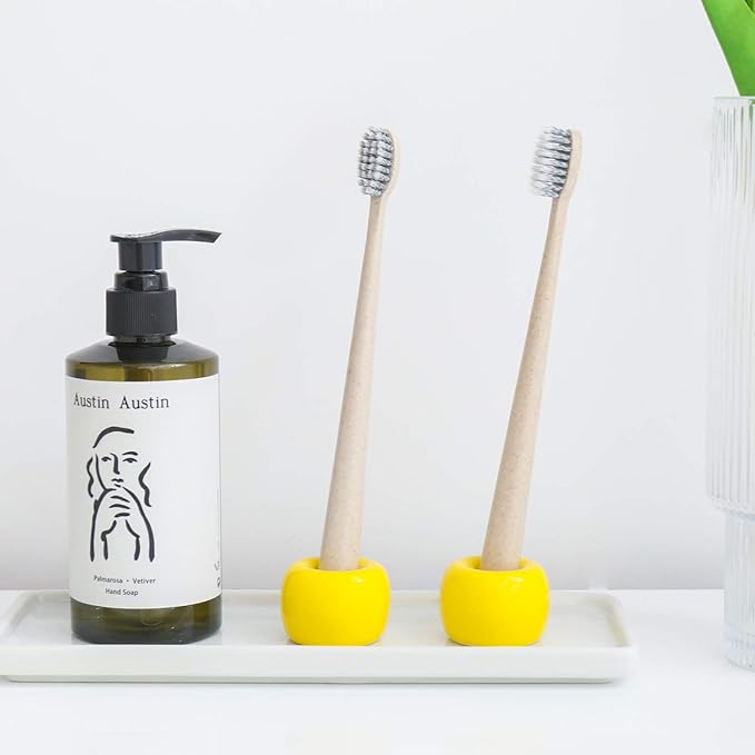 AirMoon Mini Ceramic Toothbrush Holder for Bathroom - Yellow Small Countertop Organizer, Easy Clean Toothbrush Stand, Suit for Electric Toothbrush Head, Pens & Coffee Spoon, Pack of 2