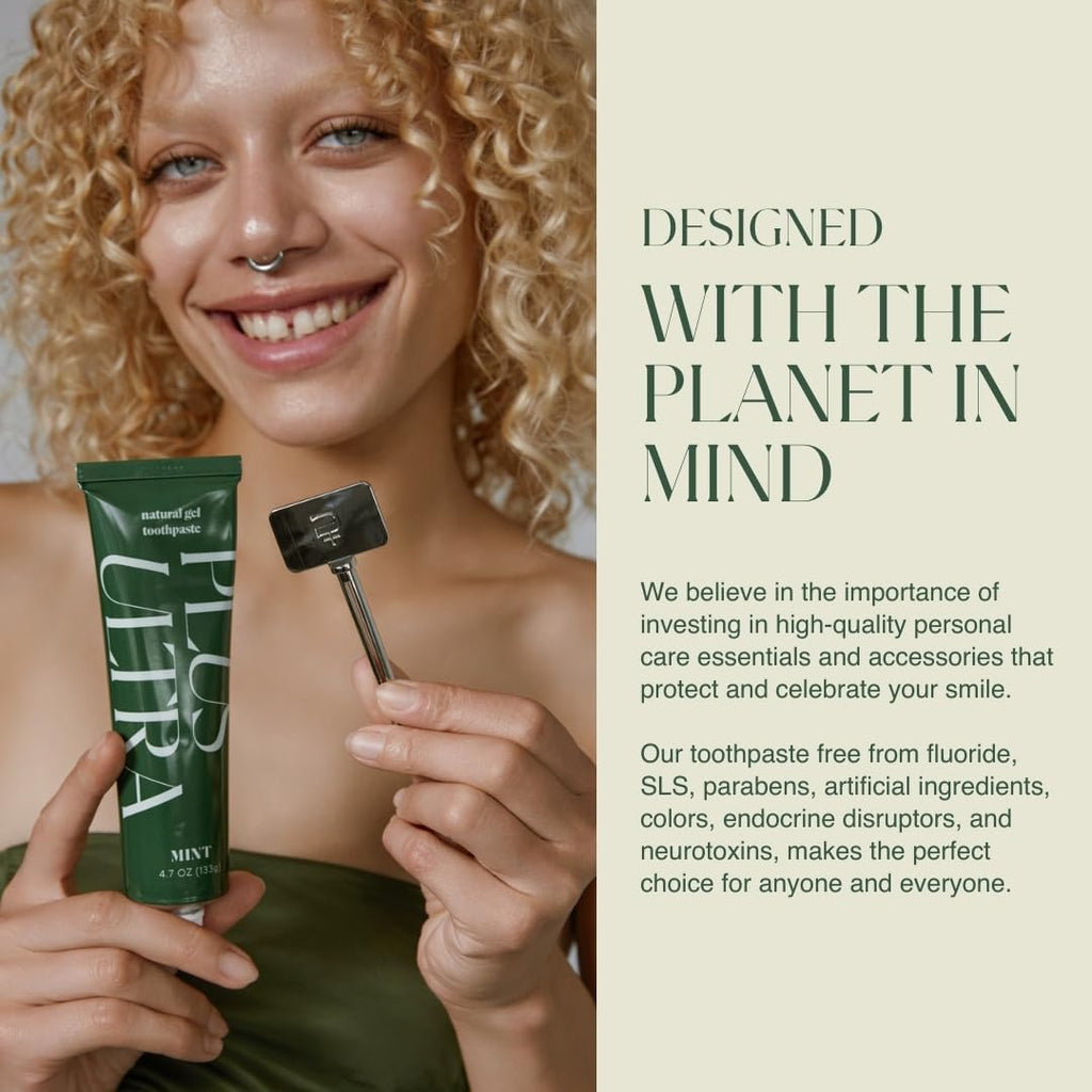 Plus Ultra 2 Organic Fluoride-Free Gel Toothpaste in Aluminum Tube | Eco-Friendly, SLS Free | Made with Aloe, Peppermint, Bamboo Extract | for Sensitivity & Whitening & 1 Toothpaste Squeezer Turn Key