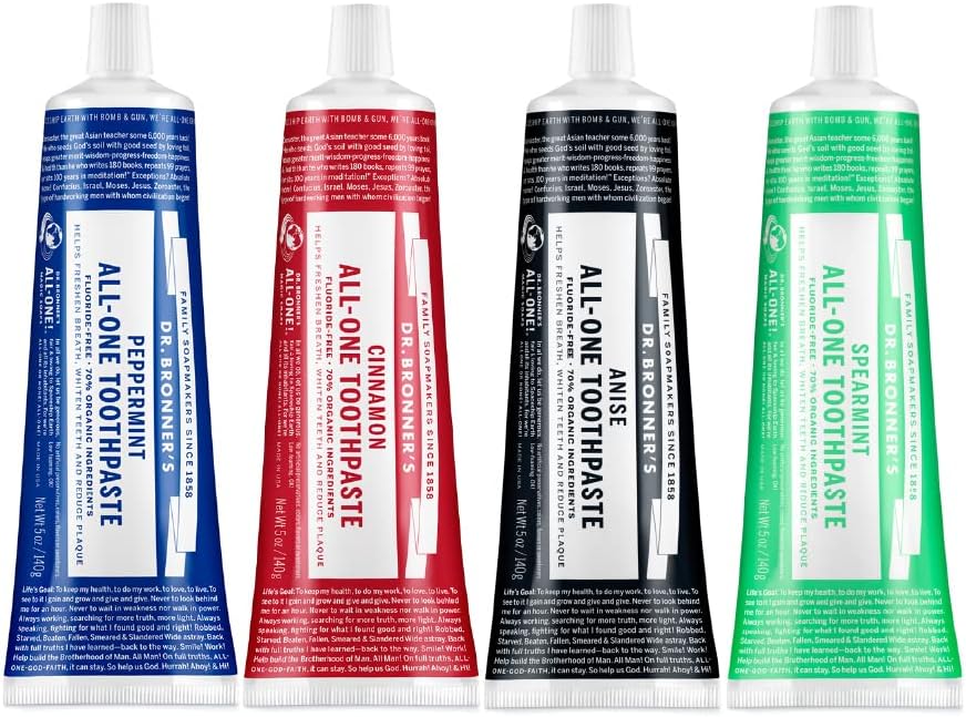 Dr. Bronner's All-One Toothpaste 4-Pack Variety– (Peppermint, Spearmint, Cinnamon, Anise, 5oz Each)– 70% Organic Ingridients, SLS Free Toothpaste, Fluoride Free, Natural, Vegan, for Sensitive Teeth