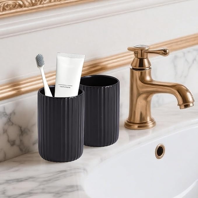 Toothbrush Holders for Bathrooms, Ceramic Tooth Brush Holder Set, Ribbed Bathroom Cups Tumbler, Reusable Toothbrush Mouthwash Cup, Toothpaste Holder Toothbrush Organizer for Bathroom Counter