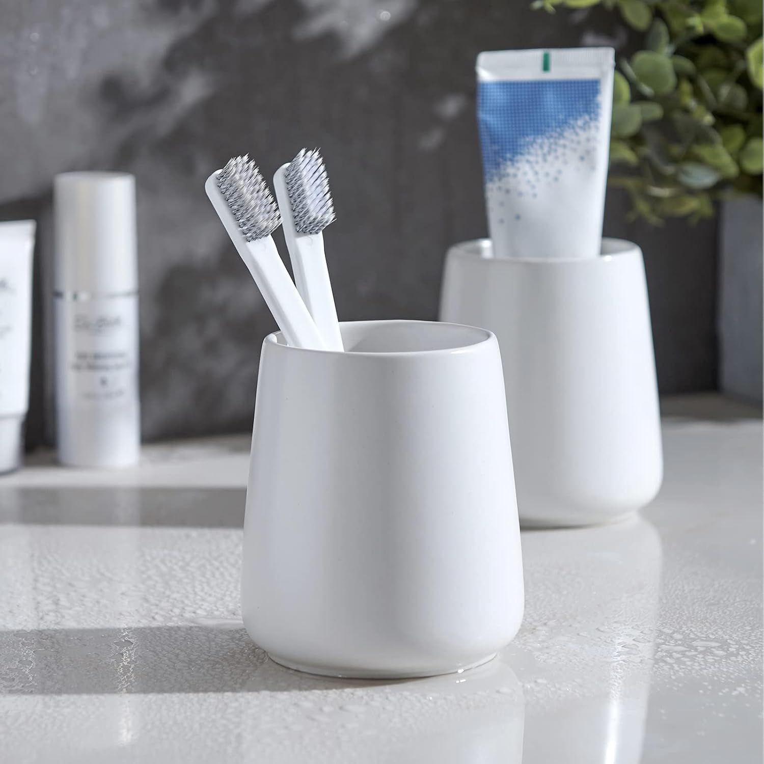 White Toothbrush Holder for Bathroom - Ceramic Tooth Brushing Holders, Toothbrush Cup & Toothpaste Organizer for Bathroom Countertop, Makeup Brush Holder, Pen Holder for Home Desktop Storage