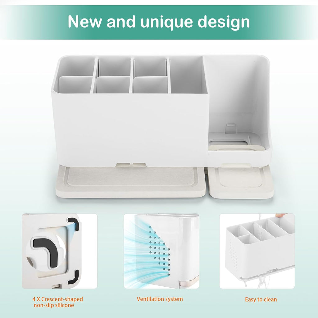 Toothbrush Holder for Bathroom Organizer with Diatom mud Board，Detachable 8 Slots Kids Electric Toothbrush Holder and Toothpaste Stand for Countertop Accessories Storage (White)