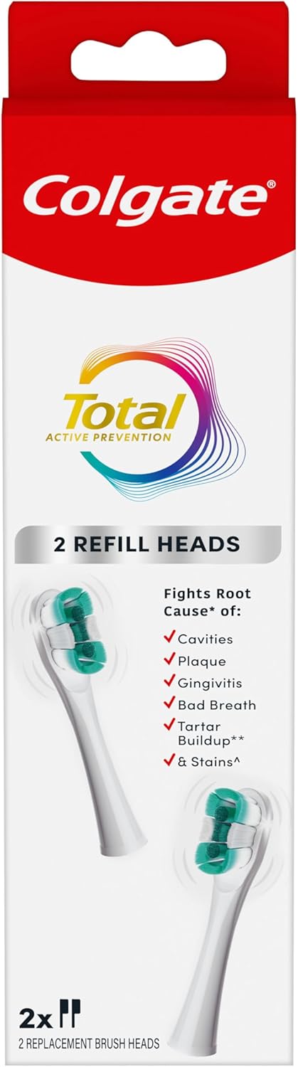 Colgate Total Battery Replacement Toothbrush Heads Pack, Fits Any Total Battery Powered Toothbrush, White, 2 Pack