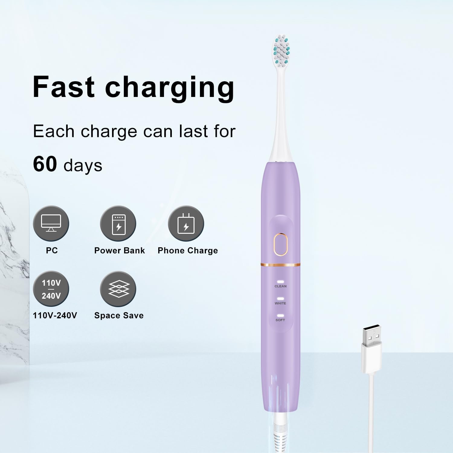 Electric Toothbrush Set, Comes with 8 Brush Heads & Travel Case,4 Modes with 2 Minutes Built in Smart Timer, One Charge for 60 Days, 42000 VPM Motor (Purple)