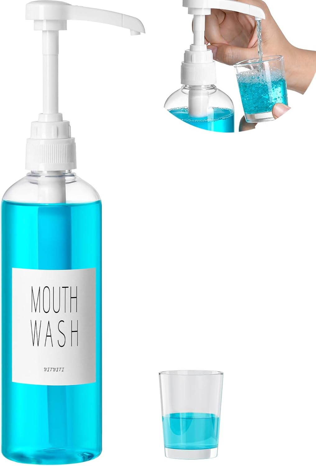 VITVITI Plastic Mouthwash Dispenser for Bathroom, 17 OZ Pump Mouth Wash Container Bottle with Cup, Clear Refillable Mouthwash Dispenser with Labels