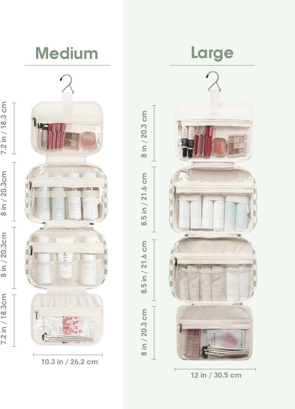 Narwey Travel Toiletry Bag for Women Large Hanging Makeup Bag Organizer Toiletries Bag for Full Size Essentials Accessories Cosmetics (Mint Green Checkerboard (Large))