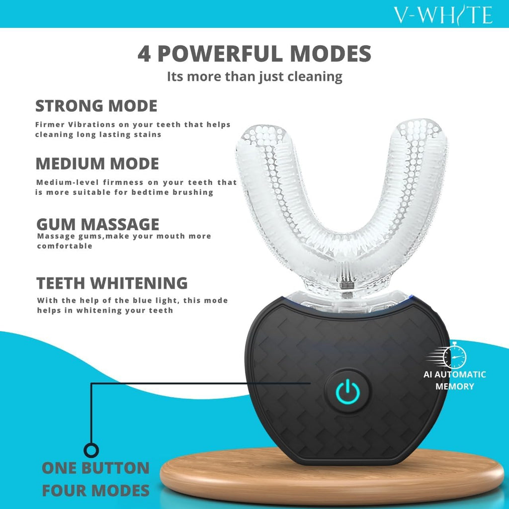 V-WHITE Ultrasonic U-Shaped Toothbrush for Teeth Whitening, Electric Toothbrush For Adults - 360° Mouth Cleansing, Hands Free Gums Protection - Wireless Charging & LED Light -Waterproof IPX7 Certified