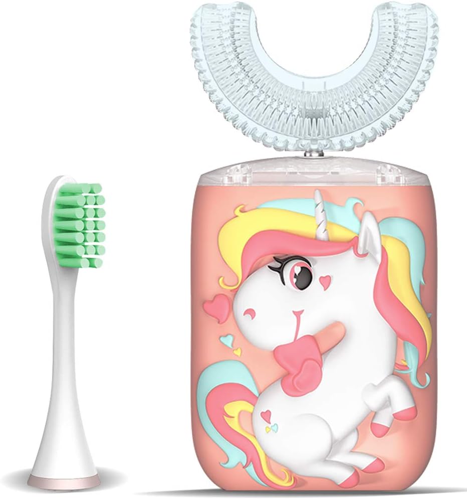 Kids Toothbrush Electric, U Shaped Ultrasonic Automatic Toothbrush with 2 Brush Heads, Six Cleaning Modes, Cartoon Modeling Design for Kids, Special for Birthday Gift (Pink, Kids 2-7)