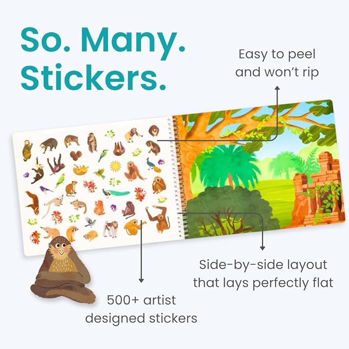 Cupkin Monkey Animal Sticker Book Activity for Kids, Toddler Airplane Travel Essentials, 500+ Animal Stickers for Kids + 12 Scenes + 12 Coloring Book Pages, Monkey Gift, Crafts Ages 2-8