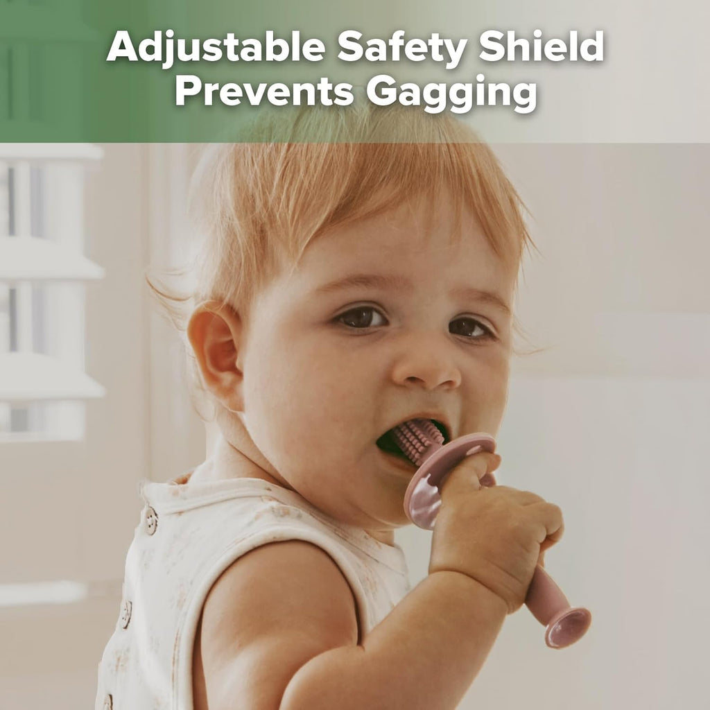 haakaa 360° Baby Toothbrush with Suction Base - Gentle Cleaning for Infant Self-Brushing Training, Food-Grade Silicone, Adjustable Safety Shield - Blush (1 Piece)