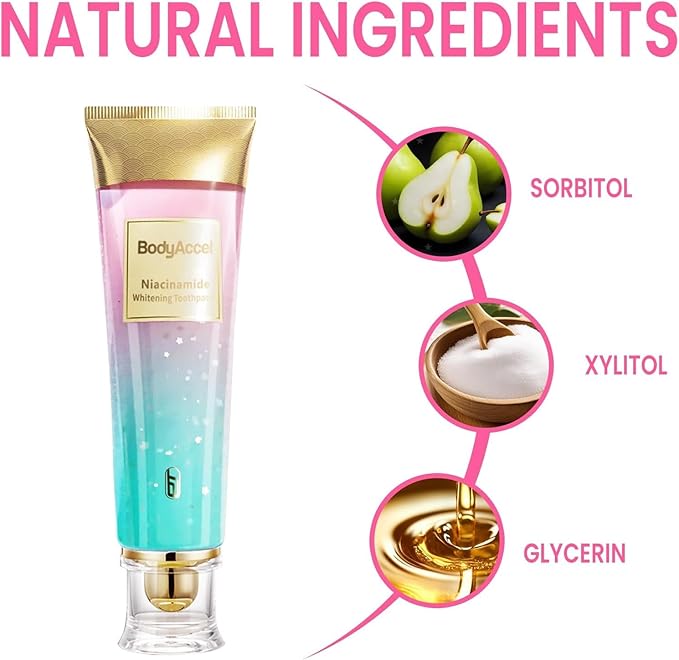 3 Pack Niacinamide Whitening Toothpaste, BodyAccel Triple Whitening Niacinamide Toothpaste, Brightens and Whitens Teeth, Stain Removal Natural Gentle, Fresh Breath