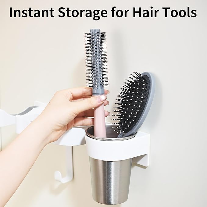 Hair Tool Organizer, Hot Tools Organizer Wall Mount White, Aluminum Hair Tool Organizer Wall Mount, Wall Mounted Hot Tool Organizer with 2 Stainless Steel Cups for Bathroom & Vanity Storage CHOCHYAH