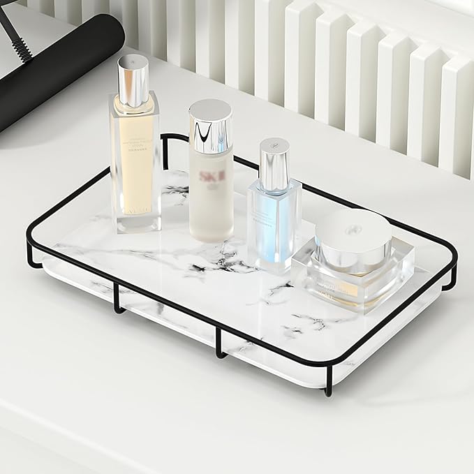 Vanity Tray Makeup Organizer Cosmetics Storage Bathroom Skincare Organizer Countertop Display Rack in Dresser Stainless Steel Shelf Marble Print Ceramic Trays